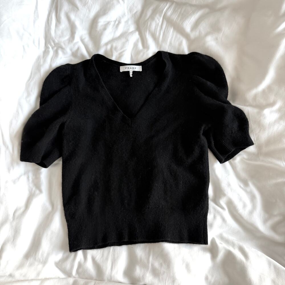 FRAME Cashmere Puff Sleeve Sweater Black Soft Knit Size S
